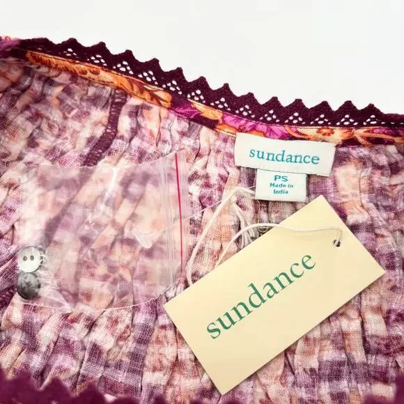 NEW Sundance Blouse Crop Top PS Petite Small Floral Smocked Puff Sleeve Tropical - Picture 4 of 6